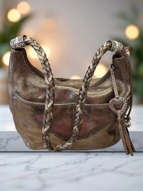 Brighton Barbados Shiny Gold Leather Hobo Shoulder Handbag In Box w/Dust Bag